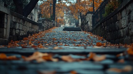Autumnal cobblestone path, city street, fallen leaves, background buildings