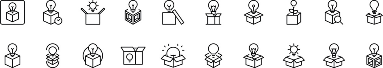 Set of Light Bulb in Box Related Line Icons. Outline Signs for Graphic and Web Design, Apps, Adverts, Various Cards