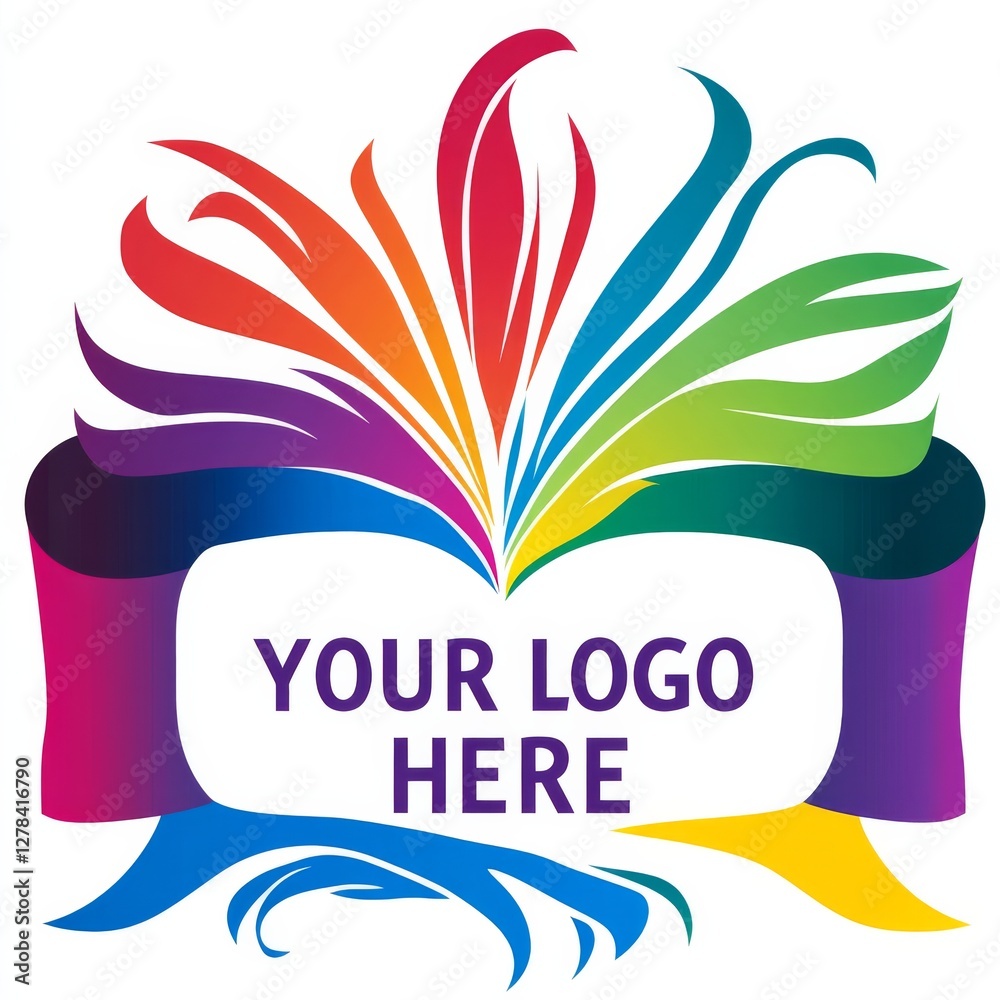 Poster colorful abstract logo template with ribbon banner and place for text, ideal for branding design