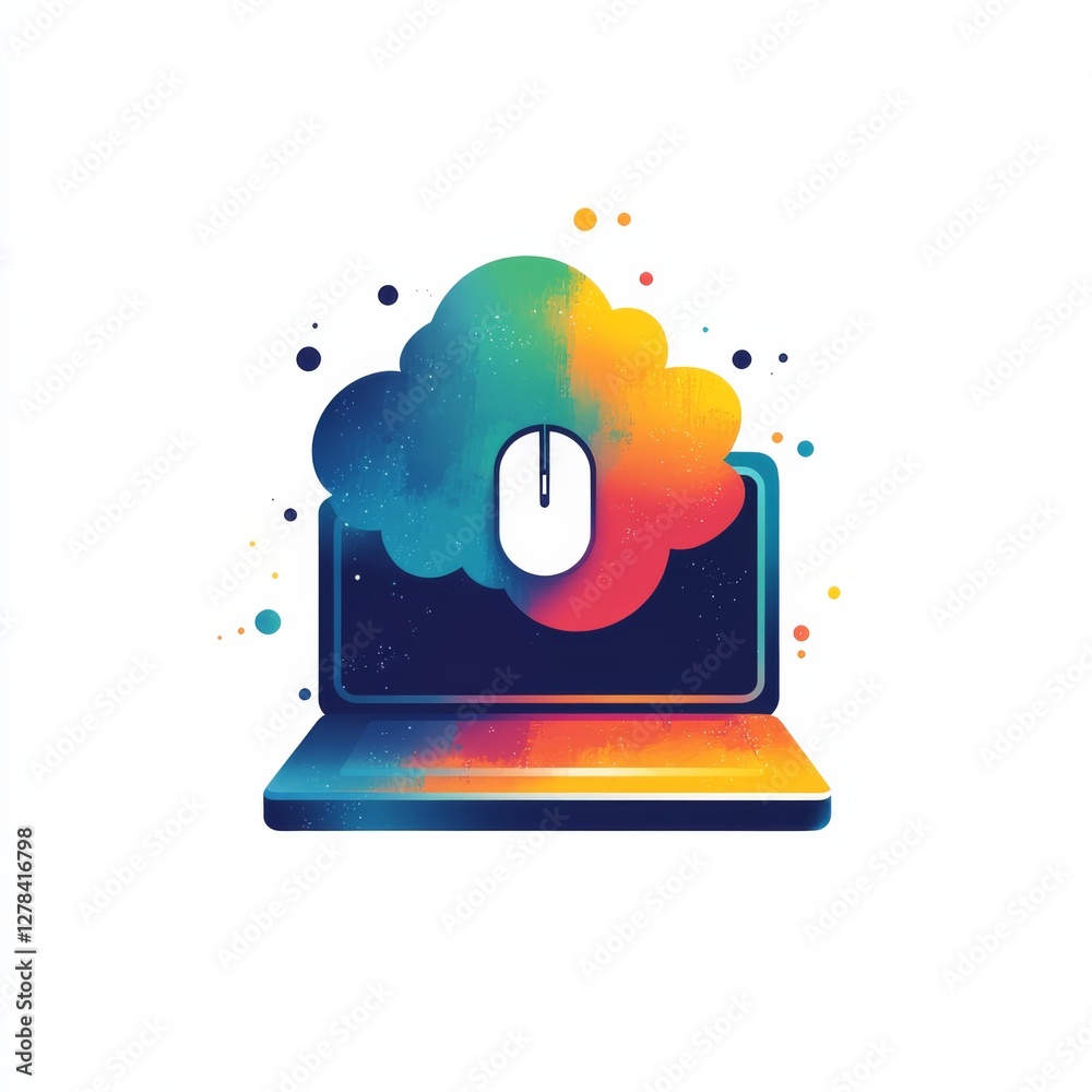 Aufkleber colorful cloud computing: a laptop with a cloud mouse icon connecting to the digital world