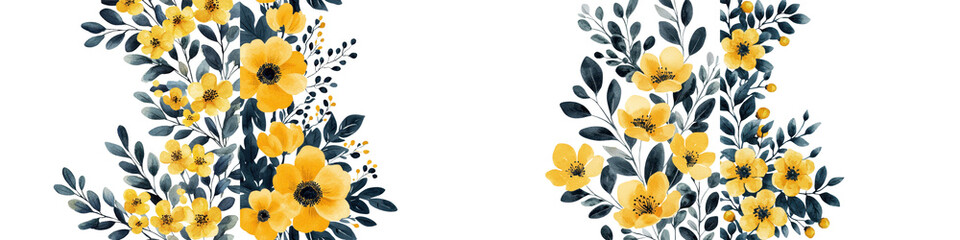 Vibrant yellow floral arrangement with contrasting navy blue leaves in a lush botanical backdrop  The colorful organic composition creates a romantic elegant and feminine mood