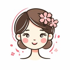 Fototapeta premium A cute young woman with cherry blossoms in her hair, featuring a South Korean style, minimalistic design.