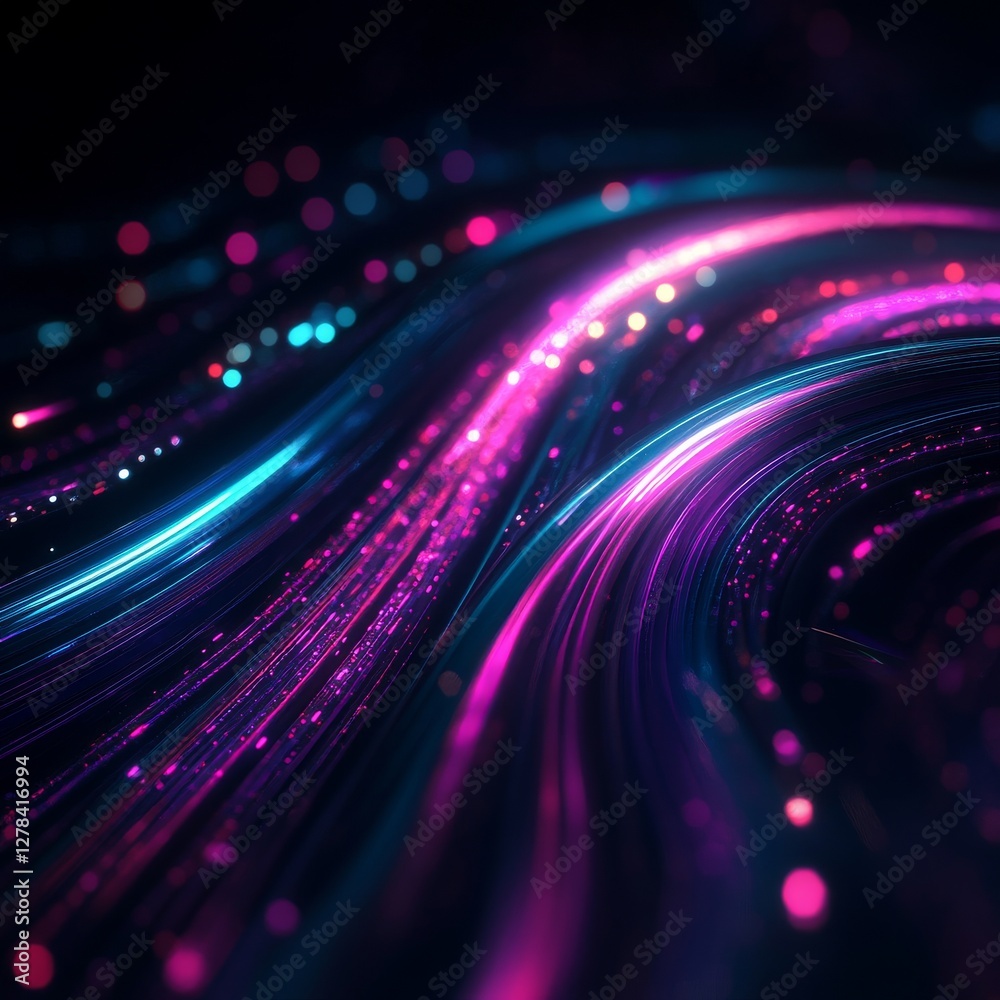 Leinwandbilder Cyberpunk Data Stream: Abstract Neon Light Trails and Bokeh Effects on Dark Background