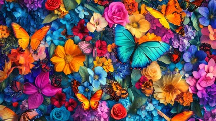 Colorful Butterflies and Flowers Floral Design