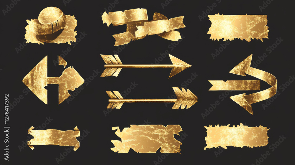 Wall mural Golden realistic duct tape isolated pieces vector. Gold duck sellotape arrow, cross, frame and plus glued wrinkled set. Clerical metallic sticky stripe label collection with torn corner illustration