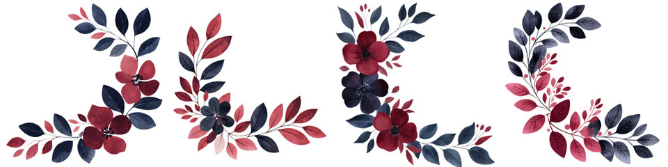 Vibrant Floral Compositions with Overlapping Leaves and Petals  Arrangements of Red Navy and Blush Colored Botanical Elements in an Abstract Decorative Design