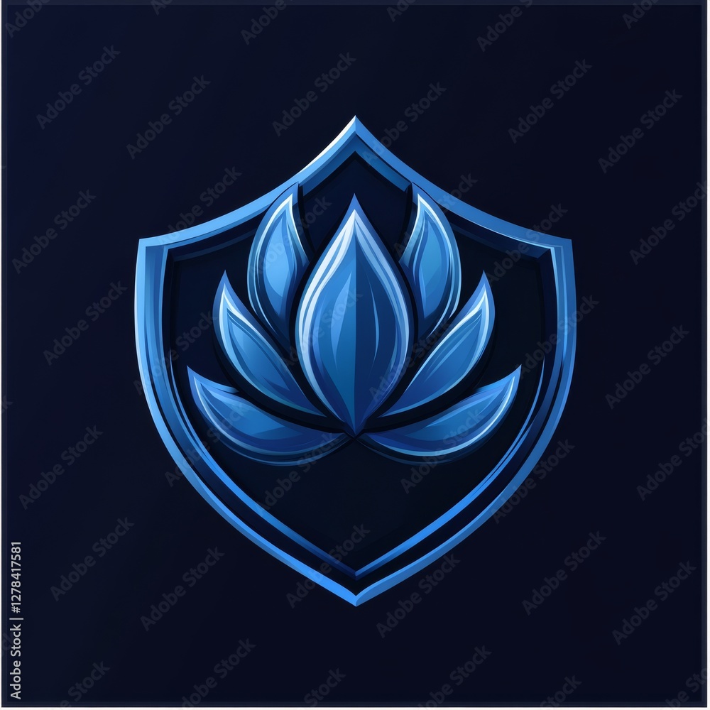 Poster elegant blue lotus flower emblem on shield with dark background for branding and design.
