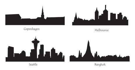Set of skyline silhouettes of different modern cities, Copenhagen, Melbourne, Seattle, Bangkok. Cityscape black flat vector illustrations isolated on transparent background