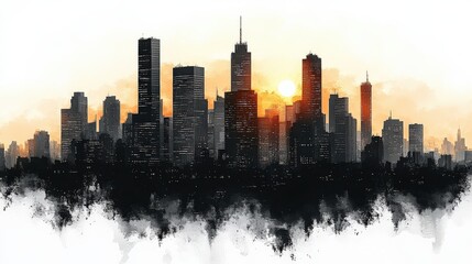 Obraz premium Sunset skyline silhouette over a cityscape with a gradient of colors and soft clouds