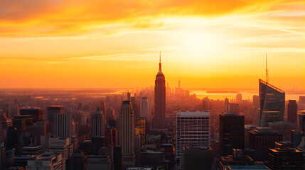 Fototapeta premium Panoramic View of a City Skyline at Golden Hour