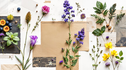Blumen und Kräuterarrangement mit Naturmaterialien auf hellem Hintergrund