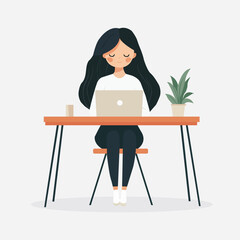 Flat 2D illustration of a young businesswoman working on a laptop at a modern desk, office background, clean and minimalistic style, pastel colors. A woman is working at a computer on a white backgrod