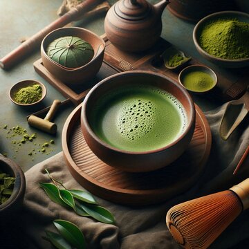 Zen Matcha Ritual: An inviting top-down perspective captures a tranquil matcha ceremony, showcasing a frothy green elixir and the tools, hinting at a meditative experience.