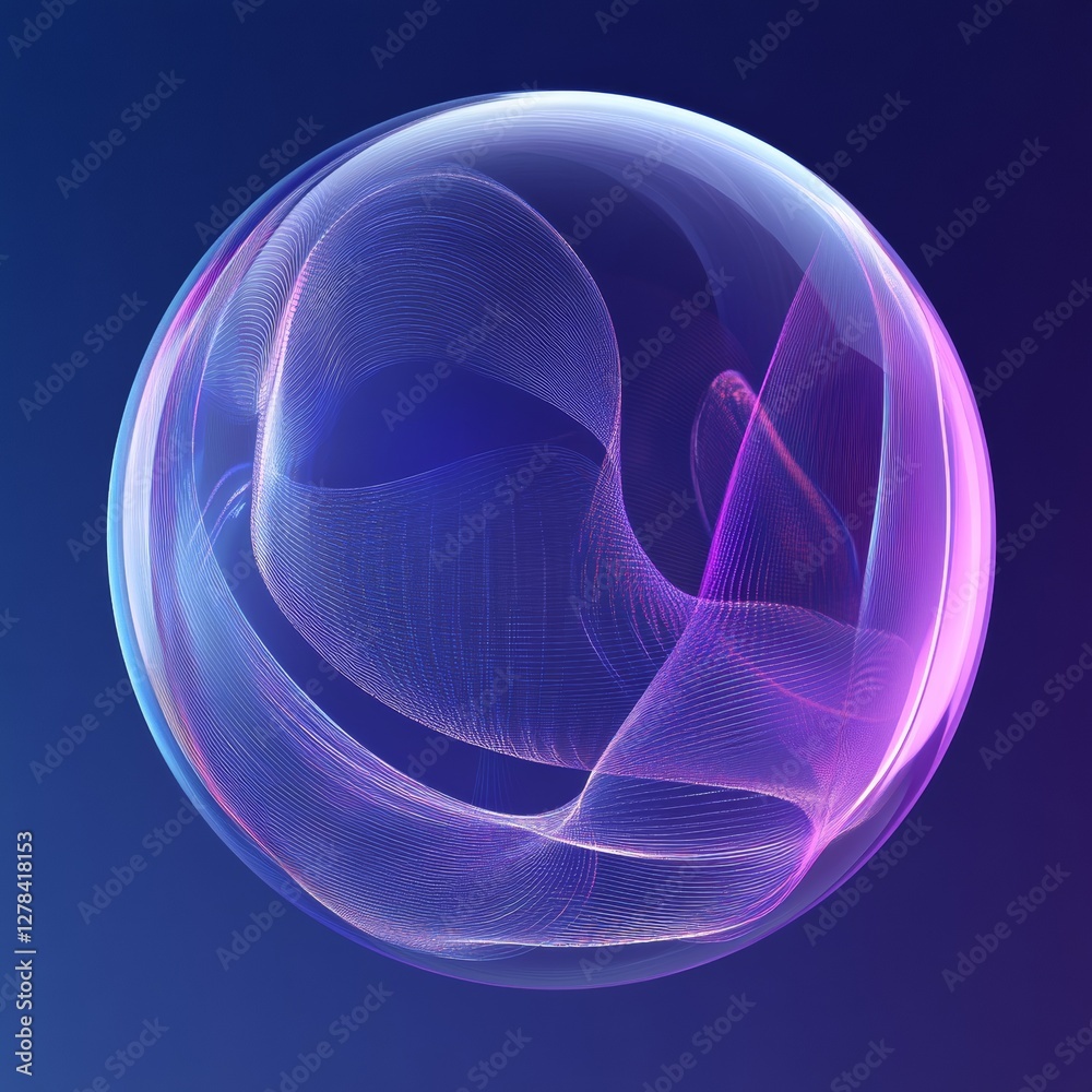 Poster Ethereal Sphere: Luminous Waves of Energy Flowing within a Translucent Orb on Deep Blue Gradient Background