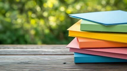 Colorful stacked folders on wooden table with blurred green background create vibrant and organized workspace. Perfect for office or school settings