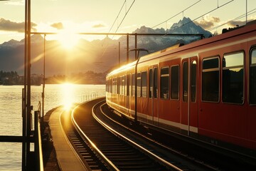Obraz premium Sunset Reflection on Train Track with Mountain View in Background