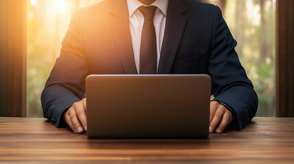 young entrepreneur in suit is organizing project tasks on laptop at wooden table, surrounded by serene natural backdrop. warm sunlight enhances focused atmosphere