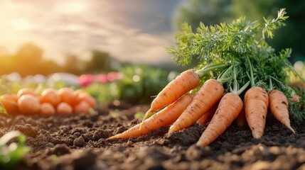 Harvesting fresh organic carrots from the garden at sunset