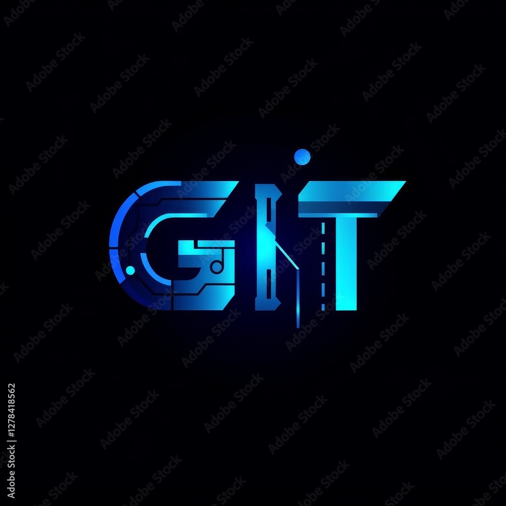 Poster Futuristic GIT Logo with Glowing Blue Elements and Circuit Board Design on Black Background - Modern Technology Visual