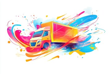 Vibrant Cargo Truck with Colorful Artistic Splashes and Designs