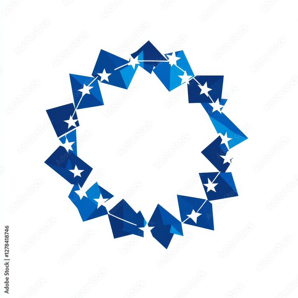 Poster geometric star wreath: abstract blue shapes and stars arranged in a circle for modern festive design