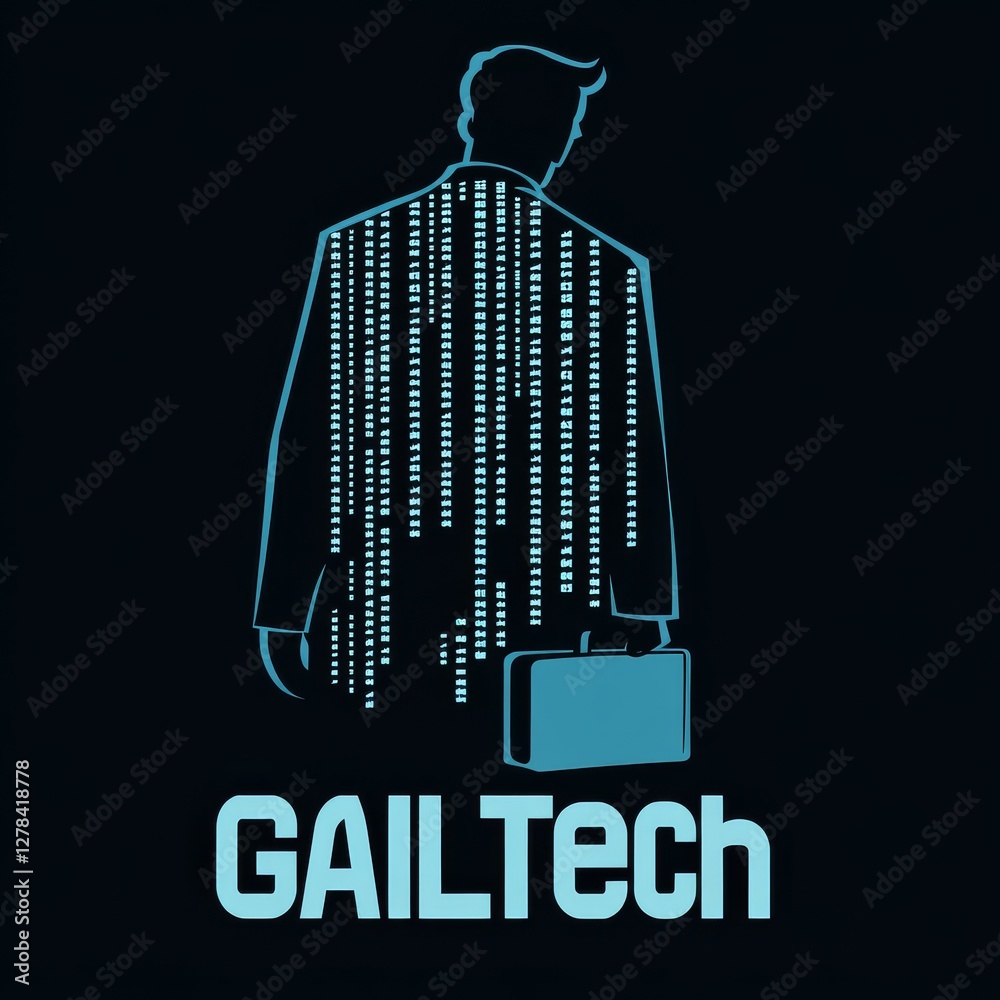 Poster GailTech: The Future of Technology - Silhouette of a business professional with a briefcase made of binary code on a dark background
