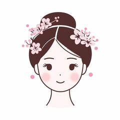 Obraz premium A cute young woman with cherry blossoms in her hair, featuring a South Korean style, minimalistic design.