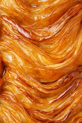 Extreme close-up of flaky golden puff pastry layers showing glossy caramelized texture with buttery folds and swirls. Generative AI