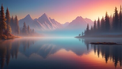 Gem&auml;lde in Psychedelischen Farben - Sonnenuntergang am See - Idyllische Landschaft mit Nebel und irisierenden Farben