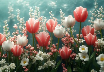  Pink and White Tulip Bouquet with Soft Blue Background
