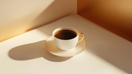 Elegant coffee cup on a minimalist table with warm lighting, creating a cozy atmosphere