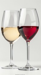 Two elegant wine glasses, one filled with white wine and the other with red wine.