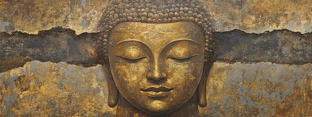 A golden Buddha face with closed eyes, smiling slightly
