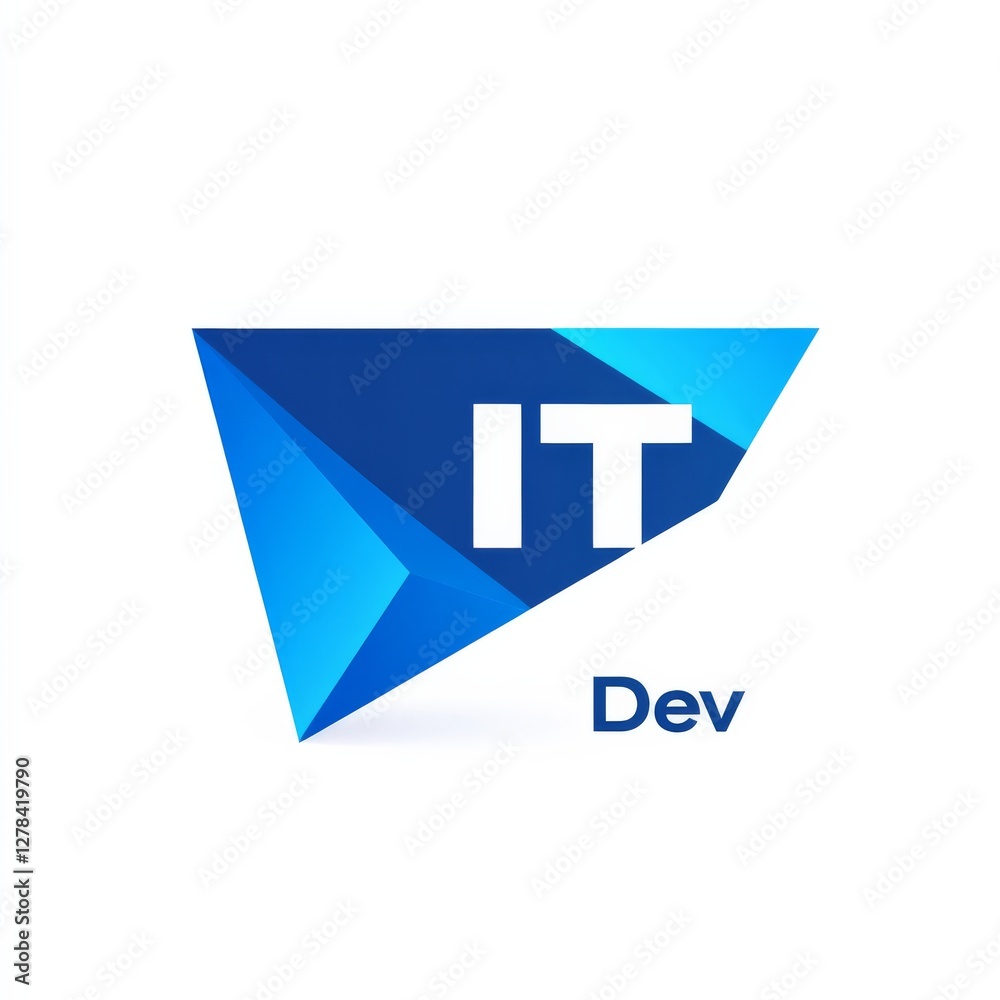 Poster modern it dev logo concept with blue triangle and white text on white background.