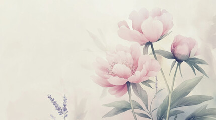 Naklejka premium Soft watercolor florals in pastel tones, subtly scattered across a pale grayish-white background,