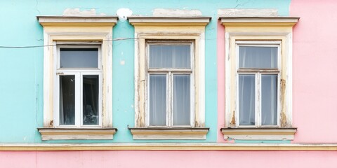 Fototapeta premium Three Vintage Windows on Colorful Wall in Urban Setting