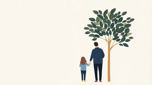Family Bonding Moment Under a Large Tree with Green Leaves, Child and Parent Holding Hands Together