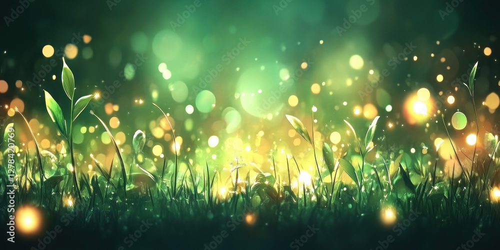 Poster Lush Green Grass with Sparkling Bokeh Lights in Soft Focus Background