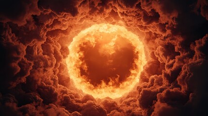 Fototapeta premium A vibrant, fiery sun emerges from dark, swirling clouds, creating a dramatic contrast of light and shadow.