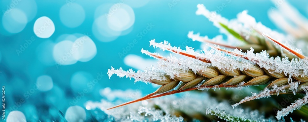 Poster frosted grass on shimmering blue background in winter setting