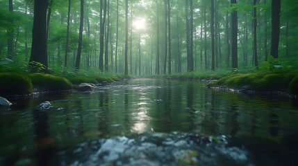 Fototapeta premium Misty forest stream, tranquil morning