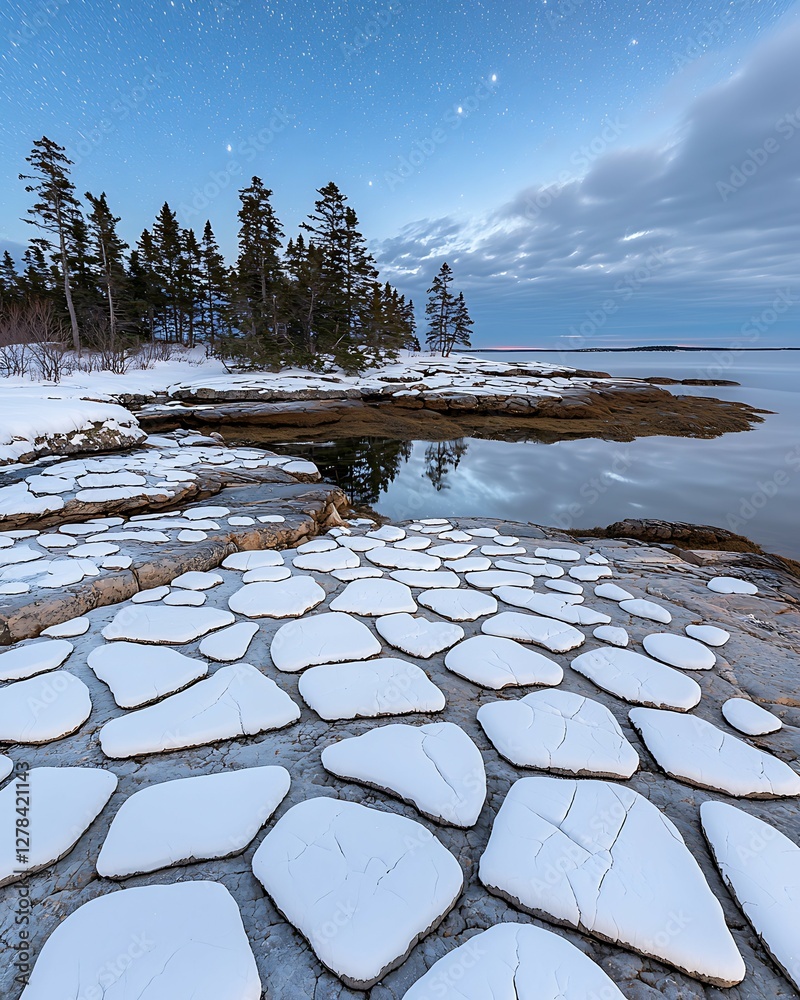 Wall mural winter landscape featuring snow-covered rocks along a calm body of water with trees and a clear sky.