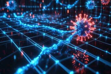 A dramatic representation of a coronavirus cell on a network, emphasizing its interconnectedness and rapid spread, highlighting virology and infectious disease concerns globally.