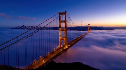 Fototapeta premium Golden Gate Bridge dawn fog San Francisco cityscape travel poster
