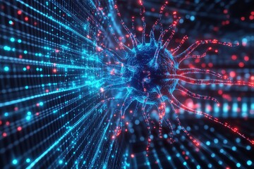 Obraz premium A digitally rendered image of a virus interacting with a grid-like structure, symbolizing the complex interplay between biological threats and technological systems.