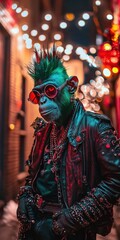 Punk Monkey: An anthropomorphic monkey, styled in punk rock attire, stands confidently on a city street, surrounded by atmospheric lights and textures.