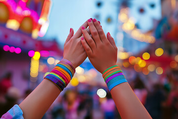A close-up of two hands high-fiving with colorful wristbands, captured in sharp detail against a blurred carnival setting.
