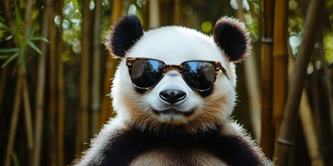 Obraz premium Front view - portrait of a charming panda, side view, bright contrast, black and white shades, fashionable sunglasses, bamboo forest background.