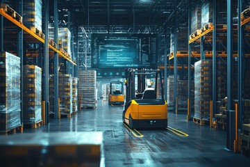 A high-tech warehouse featuring automated forklifts and real-time data displays, symbolizing efficient logistics, modern distribution, and advanced supply chain management in an industrial setting.
