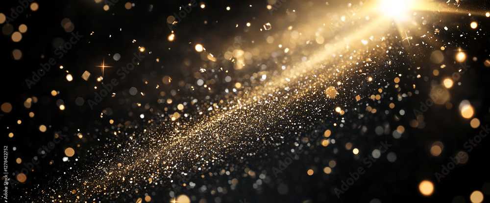 Poster a burst of glowing golden particles and sparkles with light beams against a dark background, represe